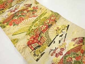 アンティーク　扇に御所車・草花模様織出し丸帯（着用可）